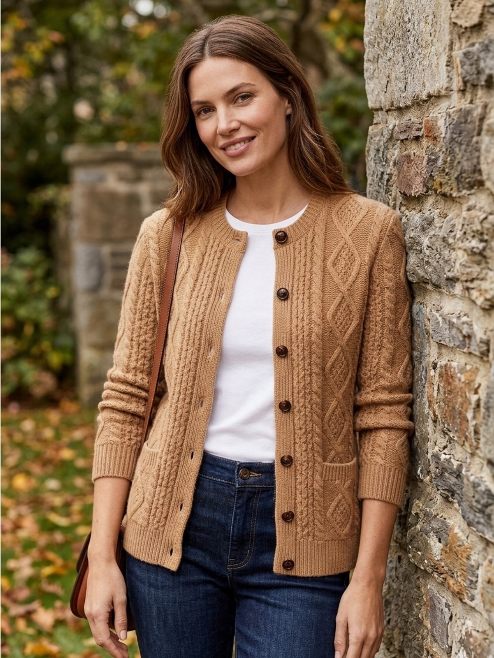 Brooks Brothers Camel Cable Knit Wool Cardigan